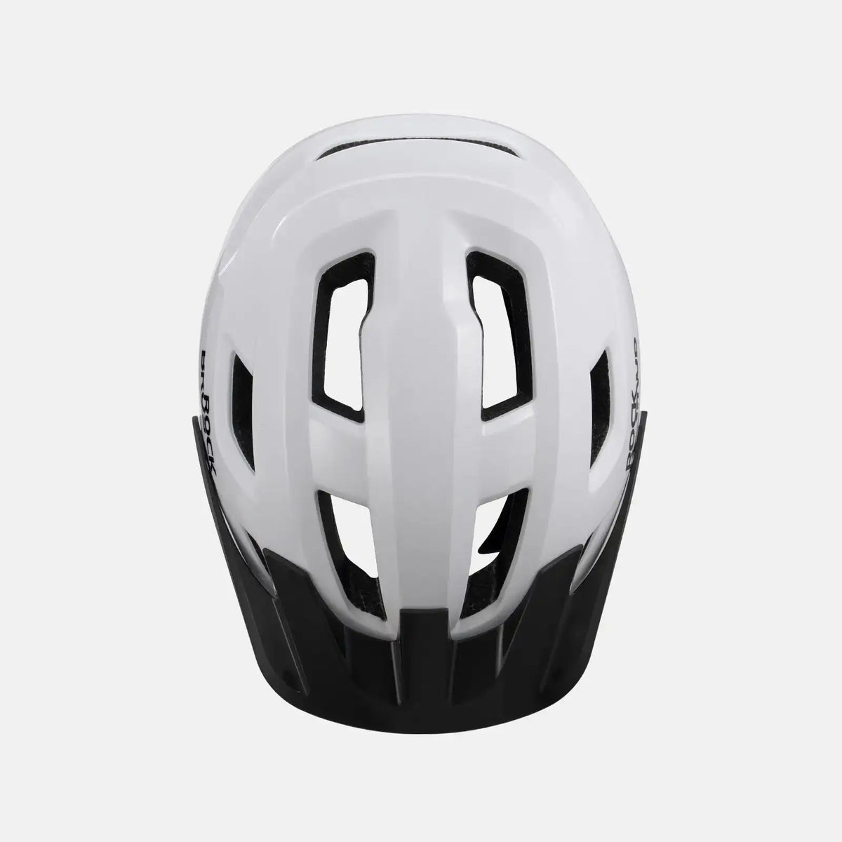 White youth bike helmet with dark accents, close-up top view of vented shell
