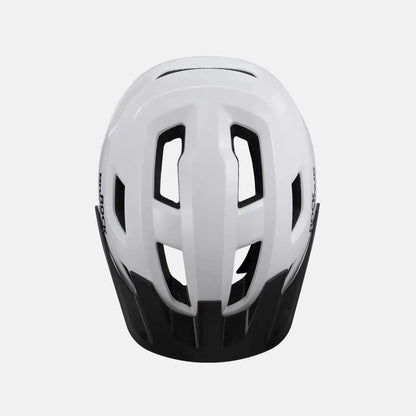 White youth bike helmet with dark accents, close-up top view of vented shell