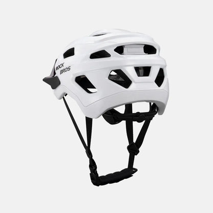 White and black youth bike helmet, angled side view with adjustable straps