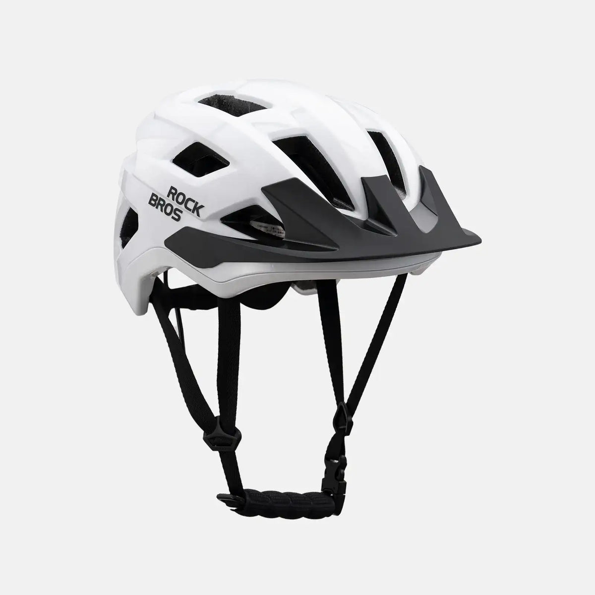 White youth bike helmet with black accents, rear side view with chin strap
