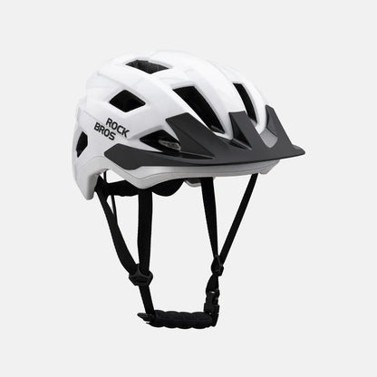 White youth bike helmet with black accents, rear side view with chin strap