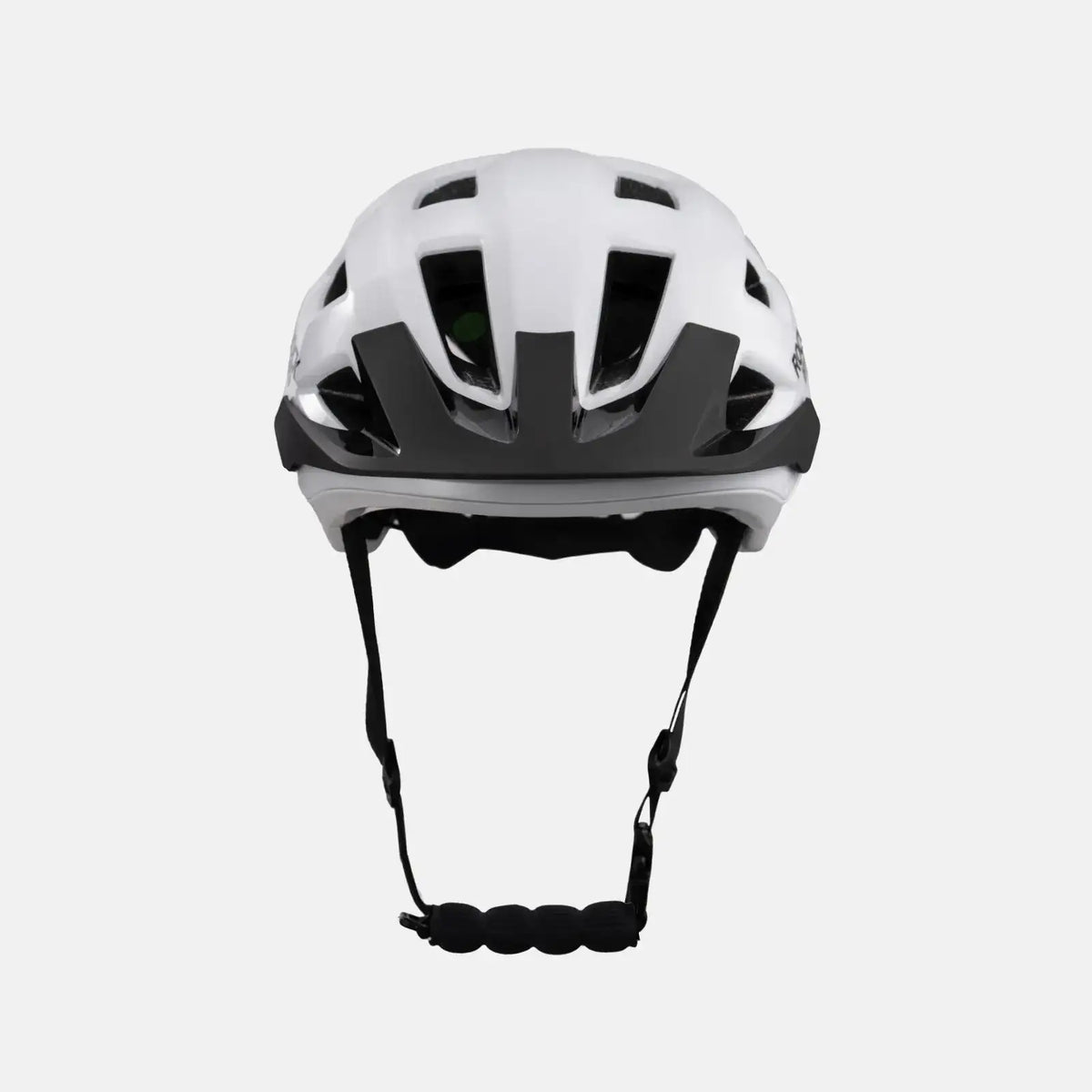 White and black youth bike helmet with vented shell and adjustable chin straps
