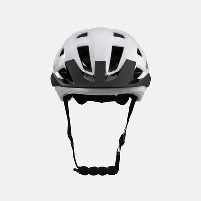 White and black youth bike helmet with vented shell and adjustable chin straps