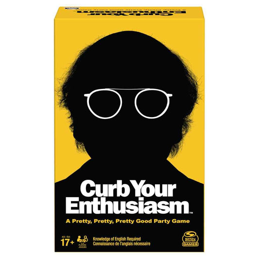 Curb Your Enthusiasm party game box with black-faced graphic and yellow packaging