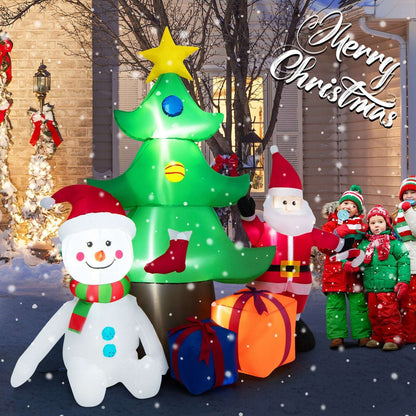 Lighted inflatable Christmas tree display with Santa, snowman and presents