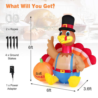 Inflatable turkey with top hat and orange 'GIVE THANKS' pumpkin, blue overalls and shoes