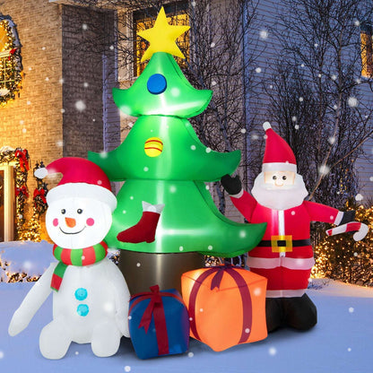 Illuminated inflatable Christmas tree with Santa, snowman and two presents
