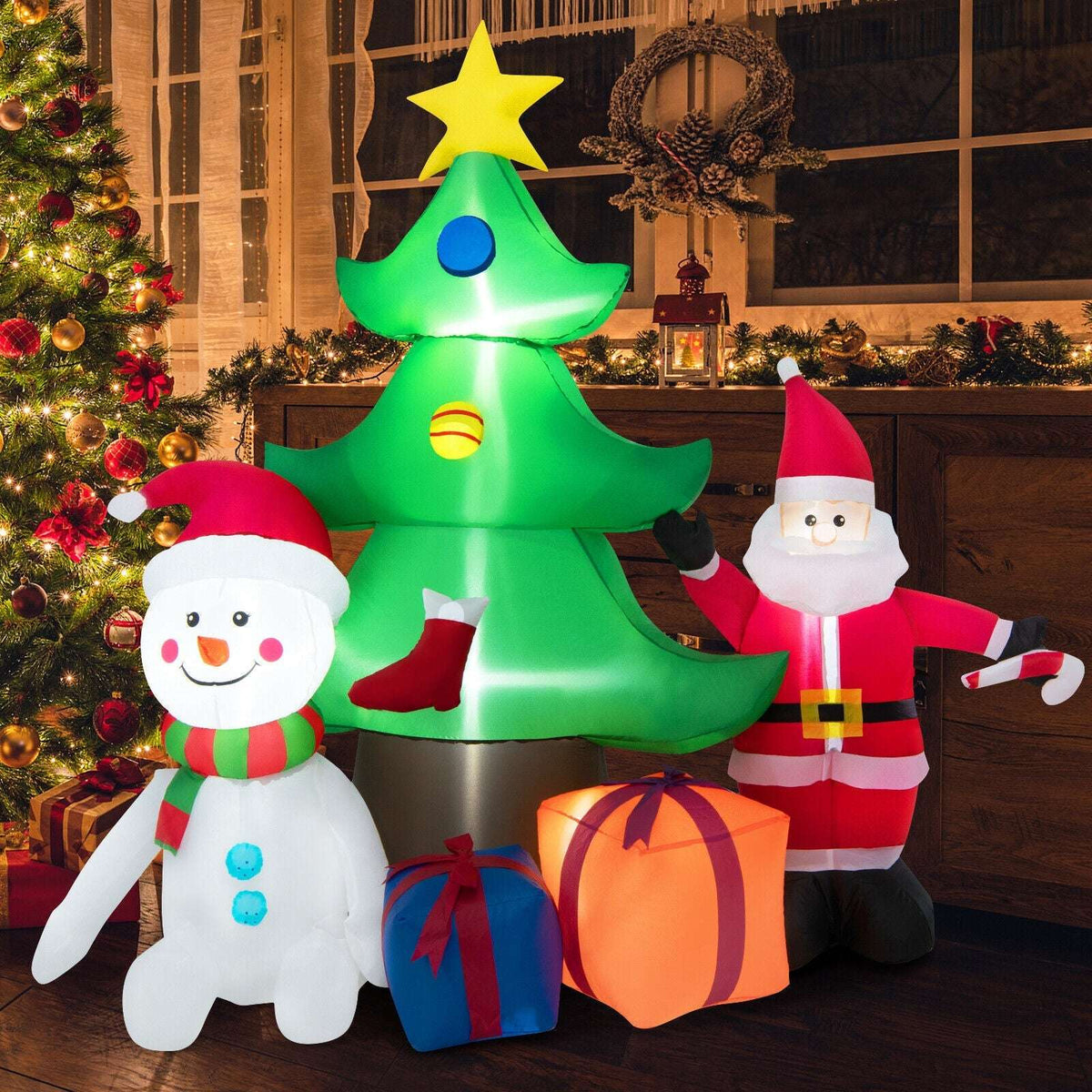 Inflatable Christmas tree display with Santa, snowman and colorful gift boxes