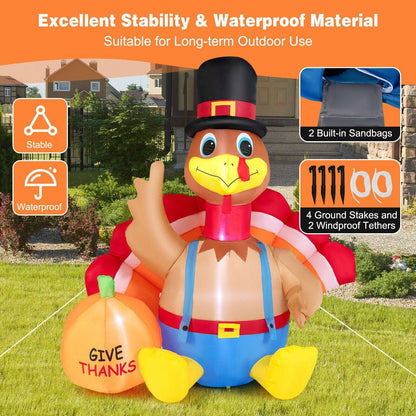 Inflatable turkey with top hat, blue overalls, and orange 'GIVE THANKS' pumpkin