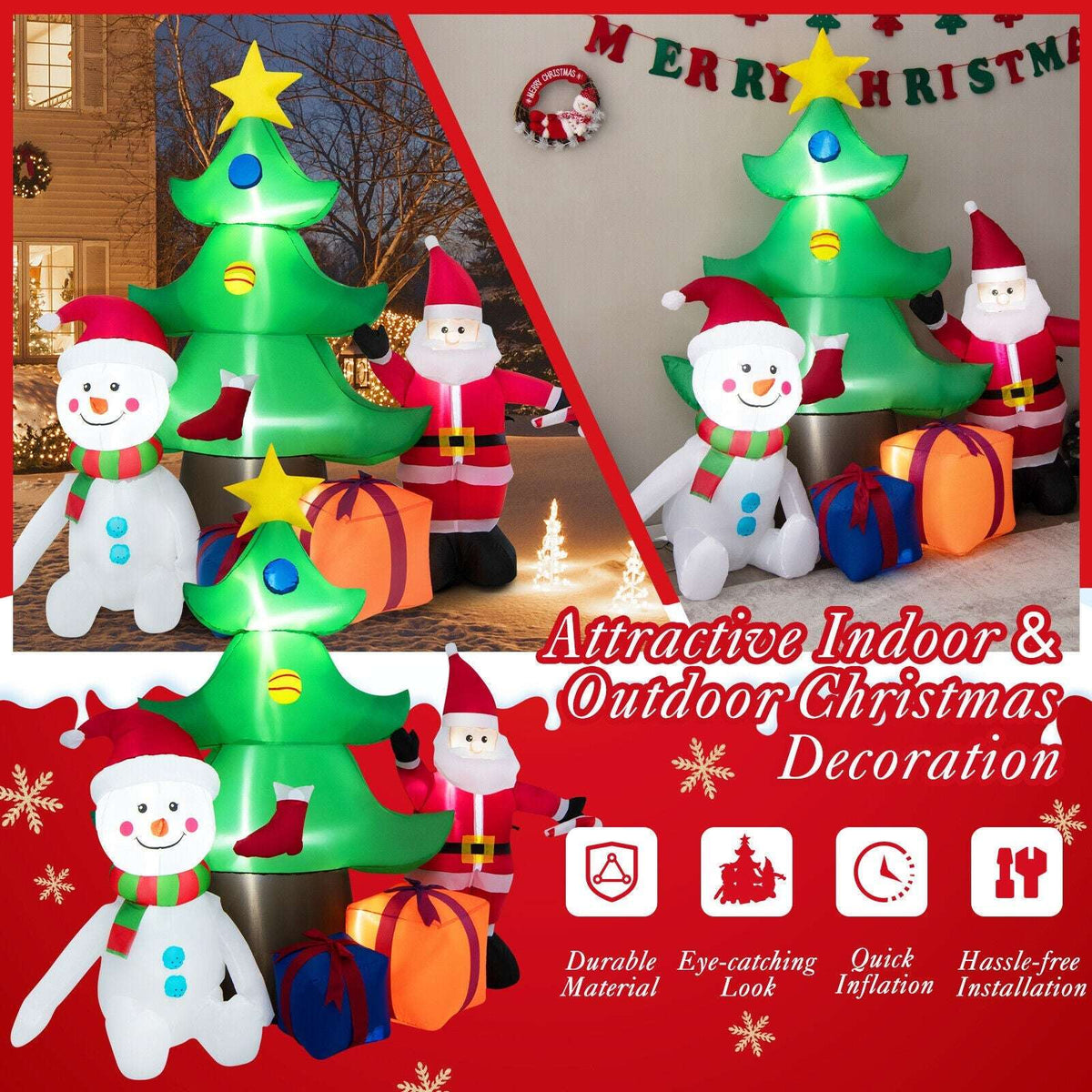 Inflatable Christmas tree with Santa and snowman, shown indoors and outdoors