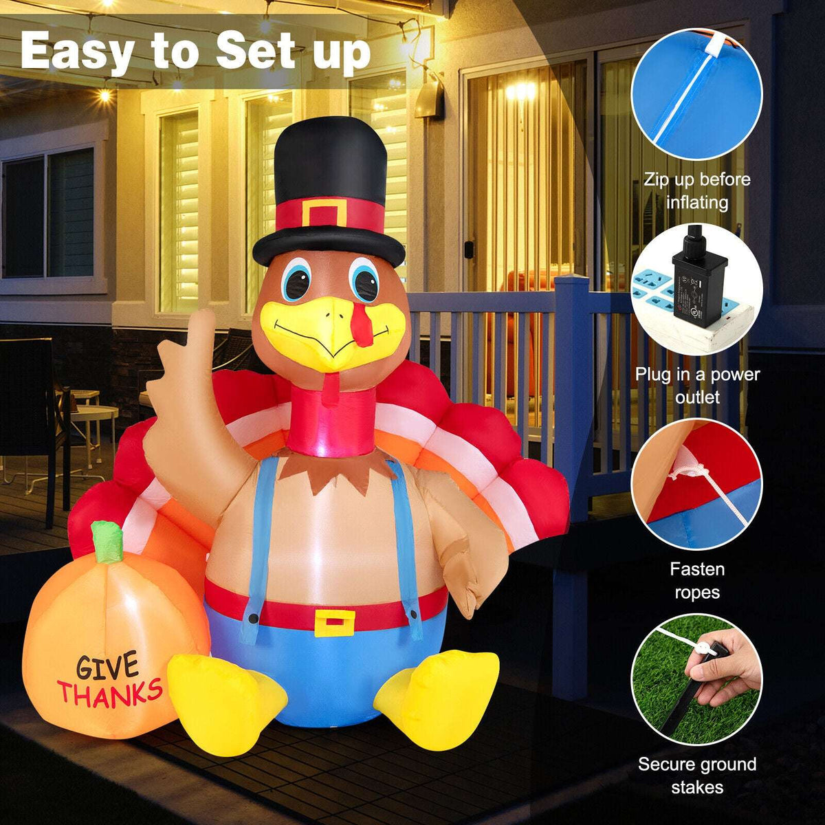 Inflatable turkey with top hat, red-and-white striped outfit, and 'GIVE THANKS' pumpkin