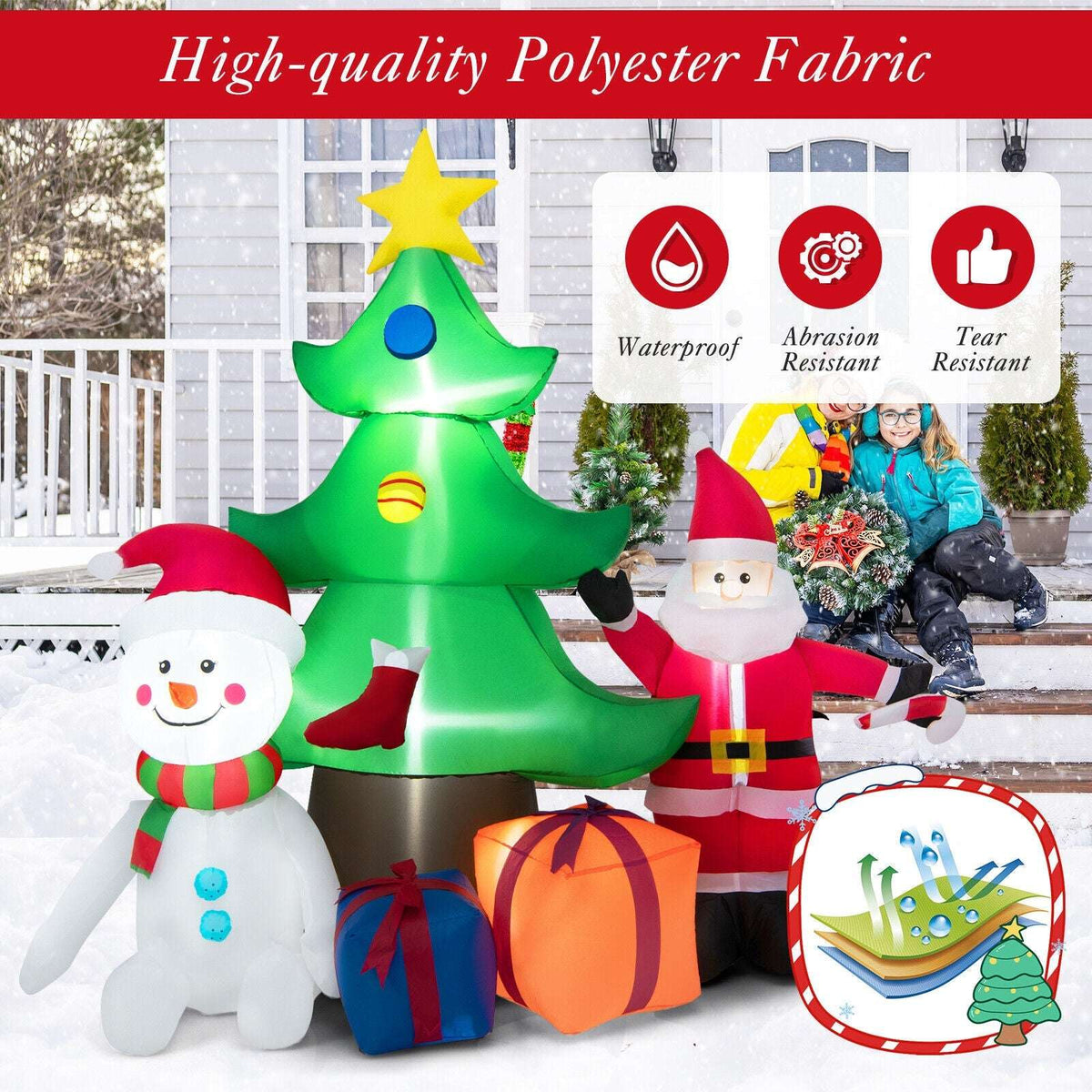 Inflatable Christmas tree with Santa, snowman and gifts, shown with feature icons