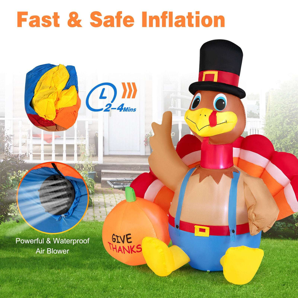 Inflatable turkey with top hat, red-striped body, blue overalls, and 'GIVE THANKS' pumpkin