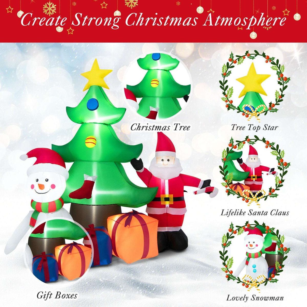 Inflatable Christmas tree with Santa, snowman, star topper and gift boxes
