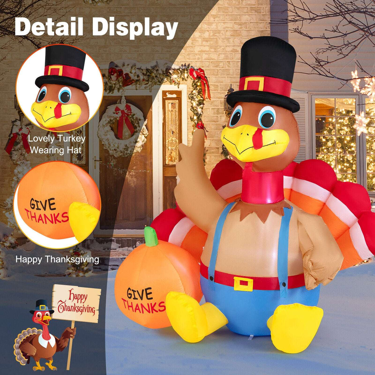 Inflatable turkey in top hat with smile and orange 'GIVE THANKS' pumpkin