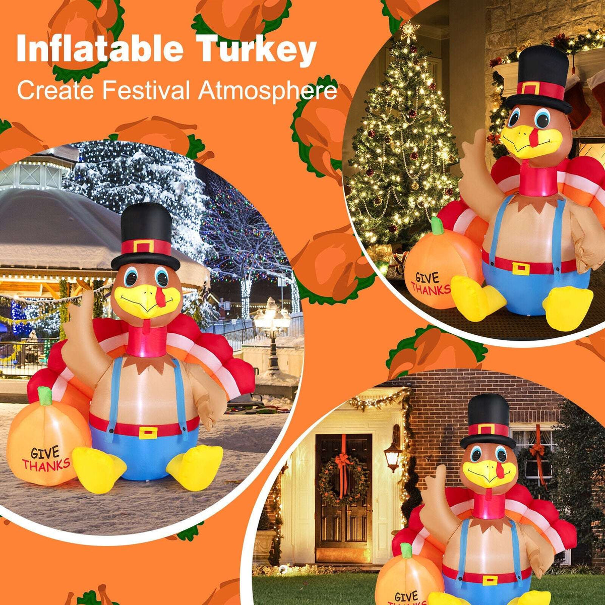 Inflatable turkey decoration with top hat, blue overalls, and orange 'GIVE THANKS' pumpkin