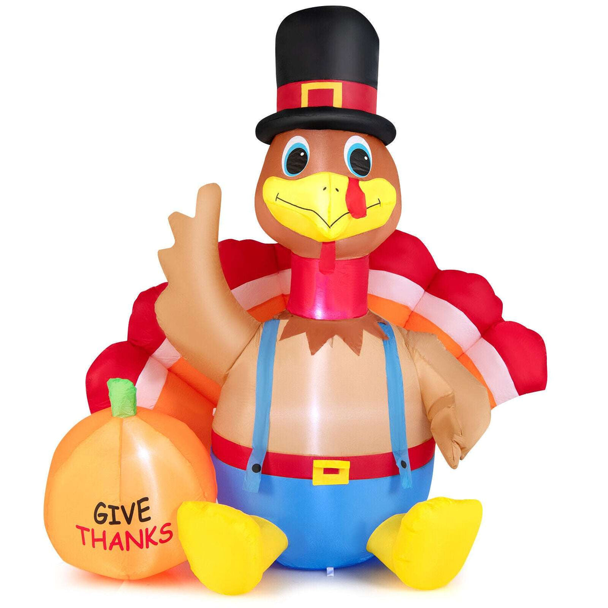 Inflatable cartoon turkey with top hat and 'GIVE THANKS' pumpkin, striped body and apron