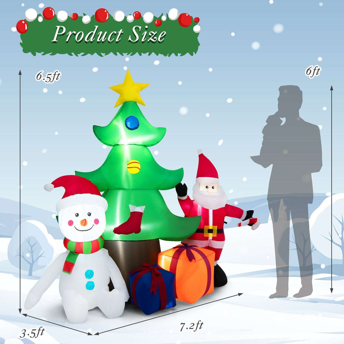 Inflatable Christmas tree display with Santa and snowman, labeled 7.2 feet wide