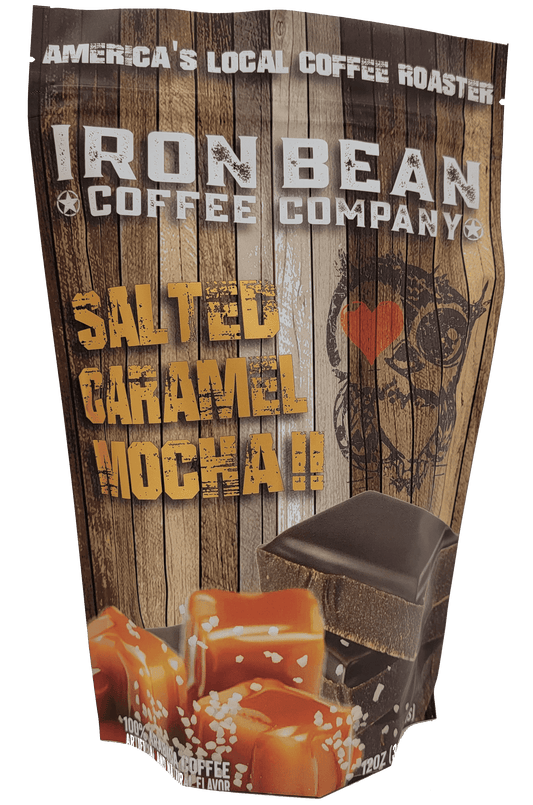 Flavored coffee bag with wood-plank print, “Salted Caramel Mocha” text and coffee pouch