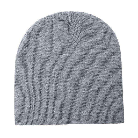 Short knit beanie hat in medium gray with a fold-over cuff and ribbed texture