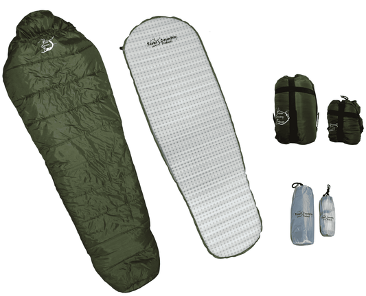 Dark green sleeping bag, light gray self-inflating pad, and storage sack set
