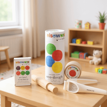 Sensory Play Bundle – Eco-Dough 4-Pack, Animal Tracker Stamps, Eco-Dough Press & Wooden Rolling Pin | Non-Toxic