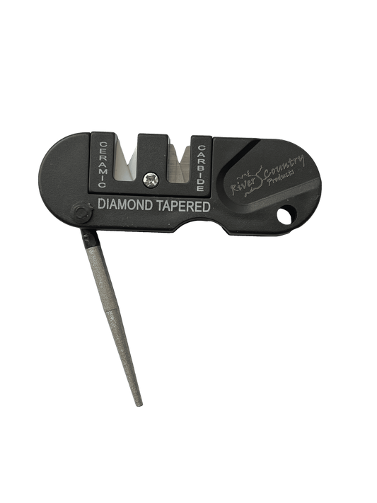 Two-stage diamond-tapered knife sharpener with non-slip base and two sharpening rods