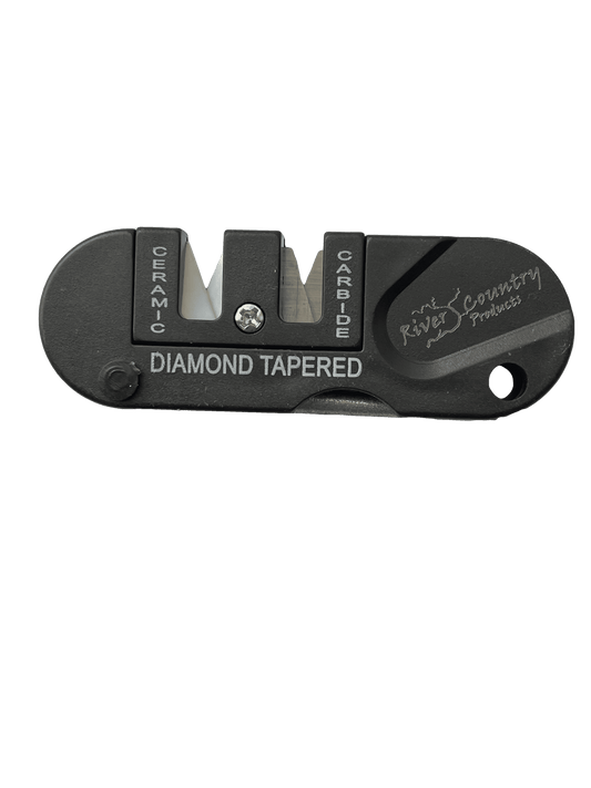 Two-stage diamond-tapered knife sharpener with non-slip base, compact black
