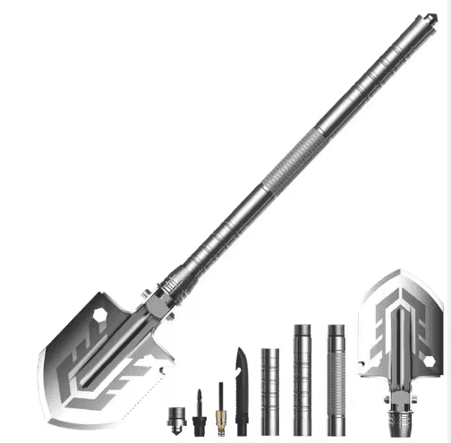 Folding aluminum shovel multi-tool with extended handle and attached blades