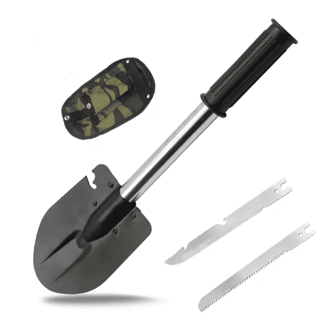 Compact camp shovel and knife set with camo pouch, shovel blade and two blades
