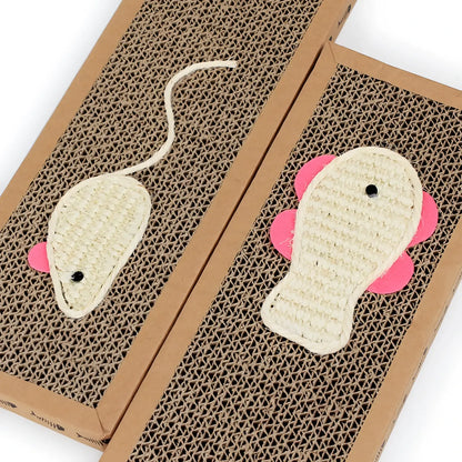 Sisal Cat Scratching Board with Plush Mouse Toys | Corrugated Cardboard | Small or Large