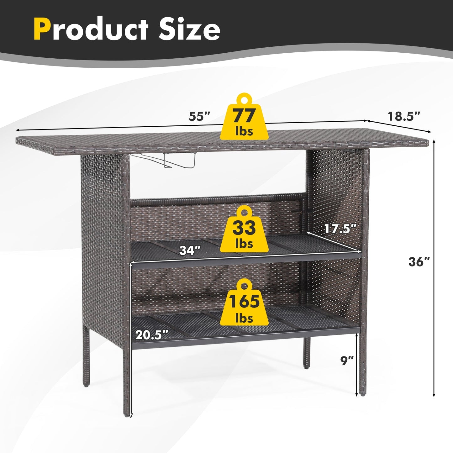Outdoor Wicker Bar Table with 2 Metal Mesh Shelves & Wine Glass Rack