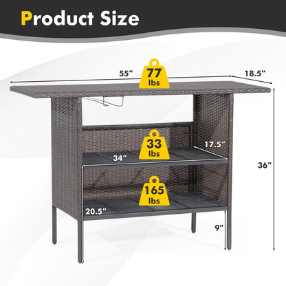 Outdoor Wicker Bar Table with 2 Metal Mesh Shelves & Wine Glass Rack