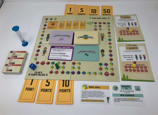 Co-opoly strategy board game with board, cards, and colorful tokens laid out