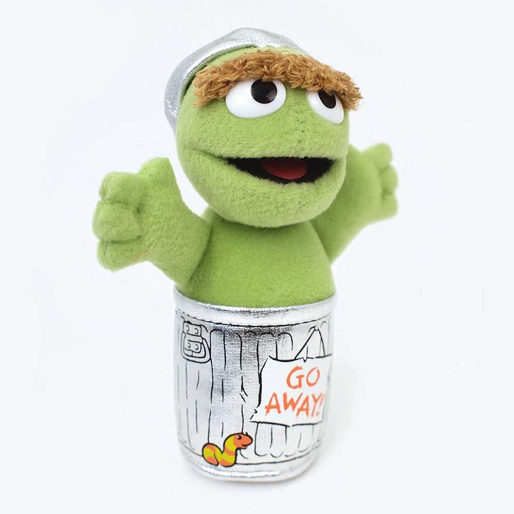 Oscar the Grouch green plush beanbag in a silver trash can, front view