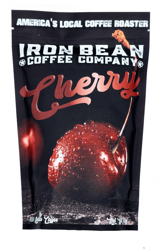 Cherry-flavored coffee bag with dark label, cherry graphic, and coffee-bean image