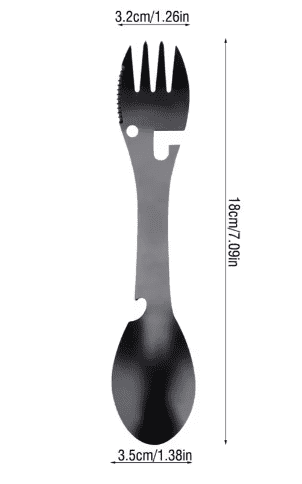 Black stainless spork size diagram: fork and spoon ends, 18.7cm length