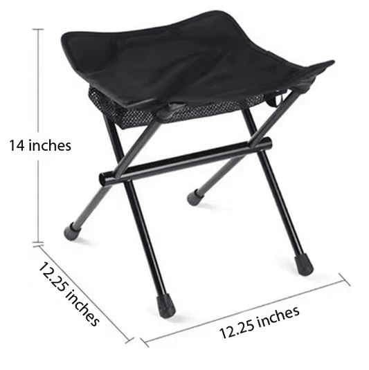 Foldable camping stool with dark fabric seat and mesh base; 14 in tall, 12.25 in wide
