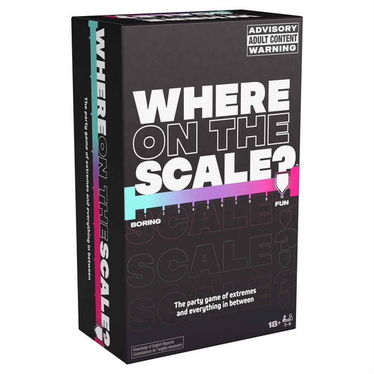 Adult party card game box with “Where on the Scale?” text and adult content warning