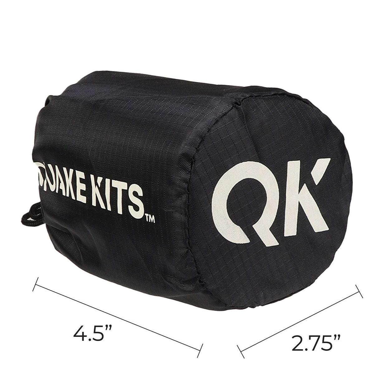 Emergency bivvy sleeping bag, black roll with Quake Kits logo and size labels (4.5 in, 2.75 in)