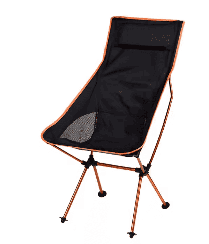 Ultralight camping chair with black fabric, orange trim, and folding legs