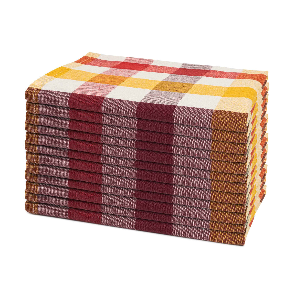 Set of 12 multicolor plaid cotton dinner napkins, neatly folded and stacked