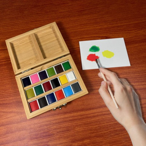 Watercolor Paint Set – 18 Pans in Eco-Friendly Bamboo Case | Removable Mixing Tray | Travel & Gift | 4.5" x 3.25"