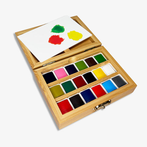 Watercolor Paint Set – 18 Pans in Eco-Friendly Bamboo Case | Removable Mixing Tray | Travel & Gift | 4.5" x 3.25"
