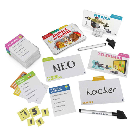 Subjective personality trivia card game set with category cards, score tiles, and pen