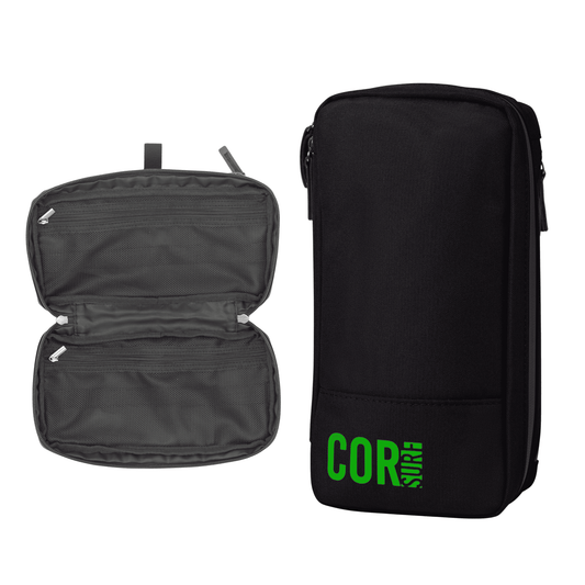 Black compact toiletry travel bag, open top with organizer pockets and zipper pulls