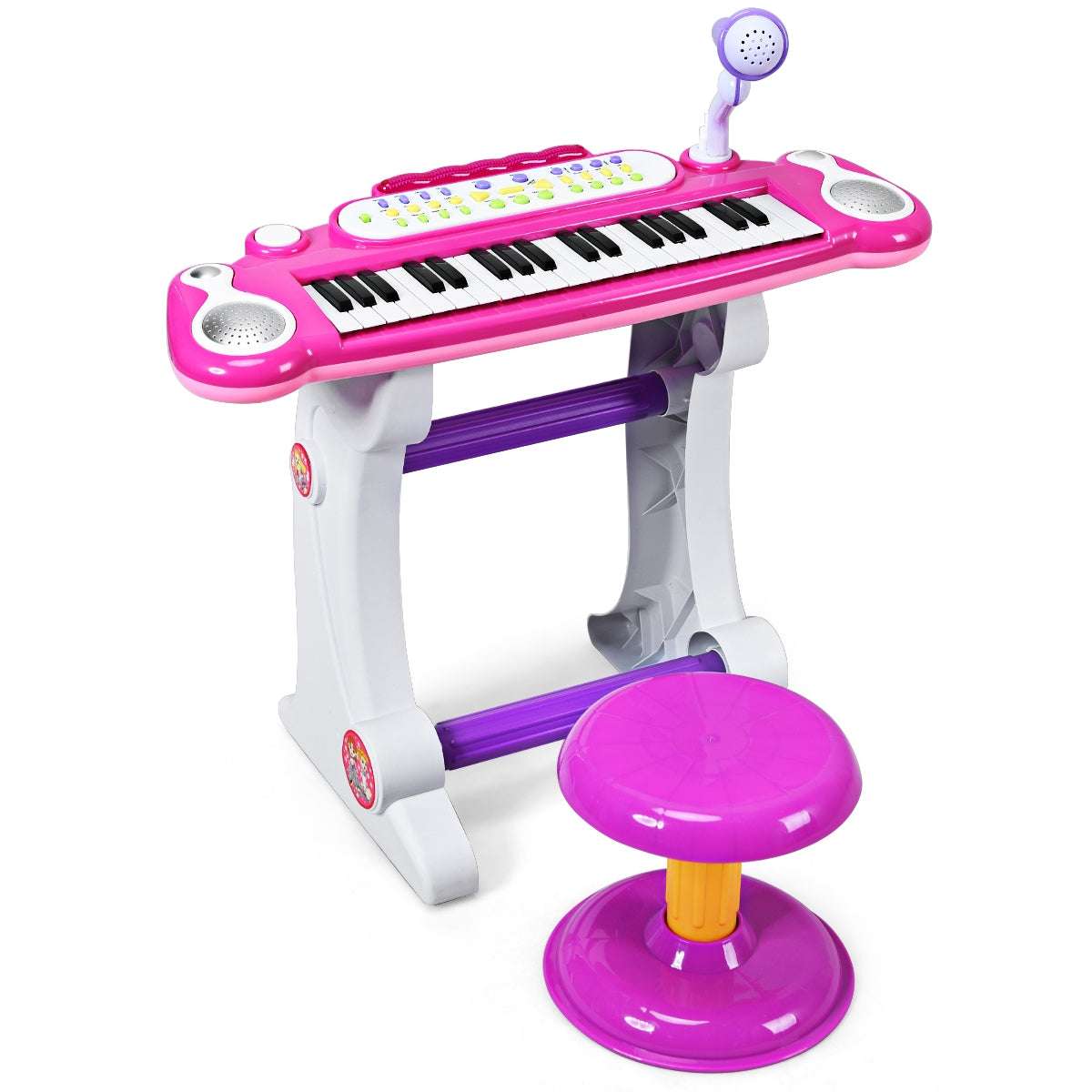 Pink 37-key electronic kids' keyboard set with microphone, stand, and matching stool