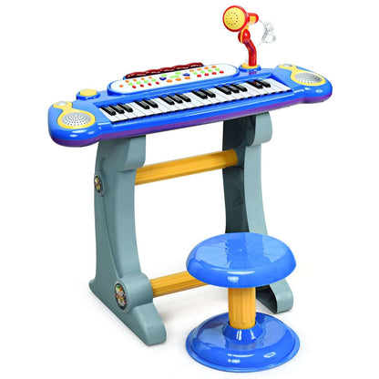 Blue 37-key kids' keyboard with built-in speakers, microphone, stand, and stool