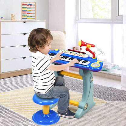Blue 37-key electronic kids' keyboard with microphone, stand, and matching stool