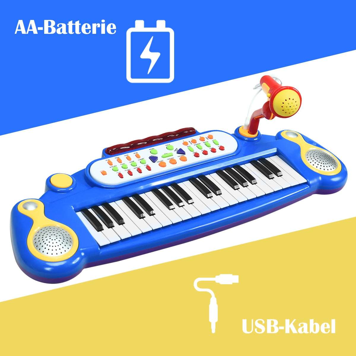 Blue electronic keyboard with 37 keys, colorful controls, speakers, and microphone